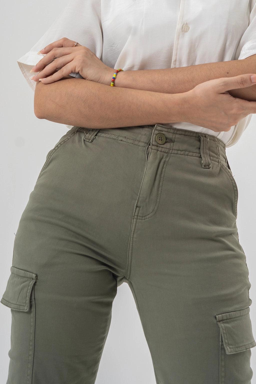 High Waist Olive Green Cargo Pants with Side Flap Pockets – Straight Fit Denim