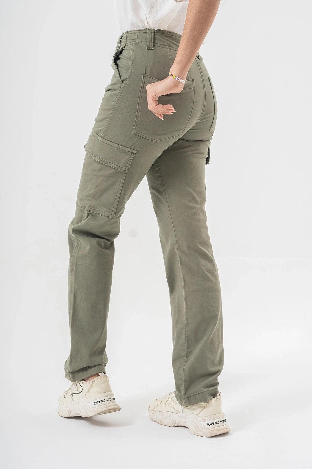 High Waist Olive Green Cargo Pants with Side Flap Pockets – Straight Fit Denim