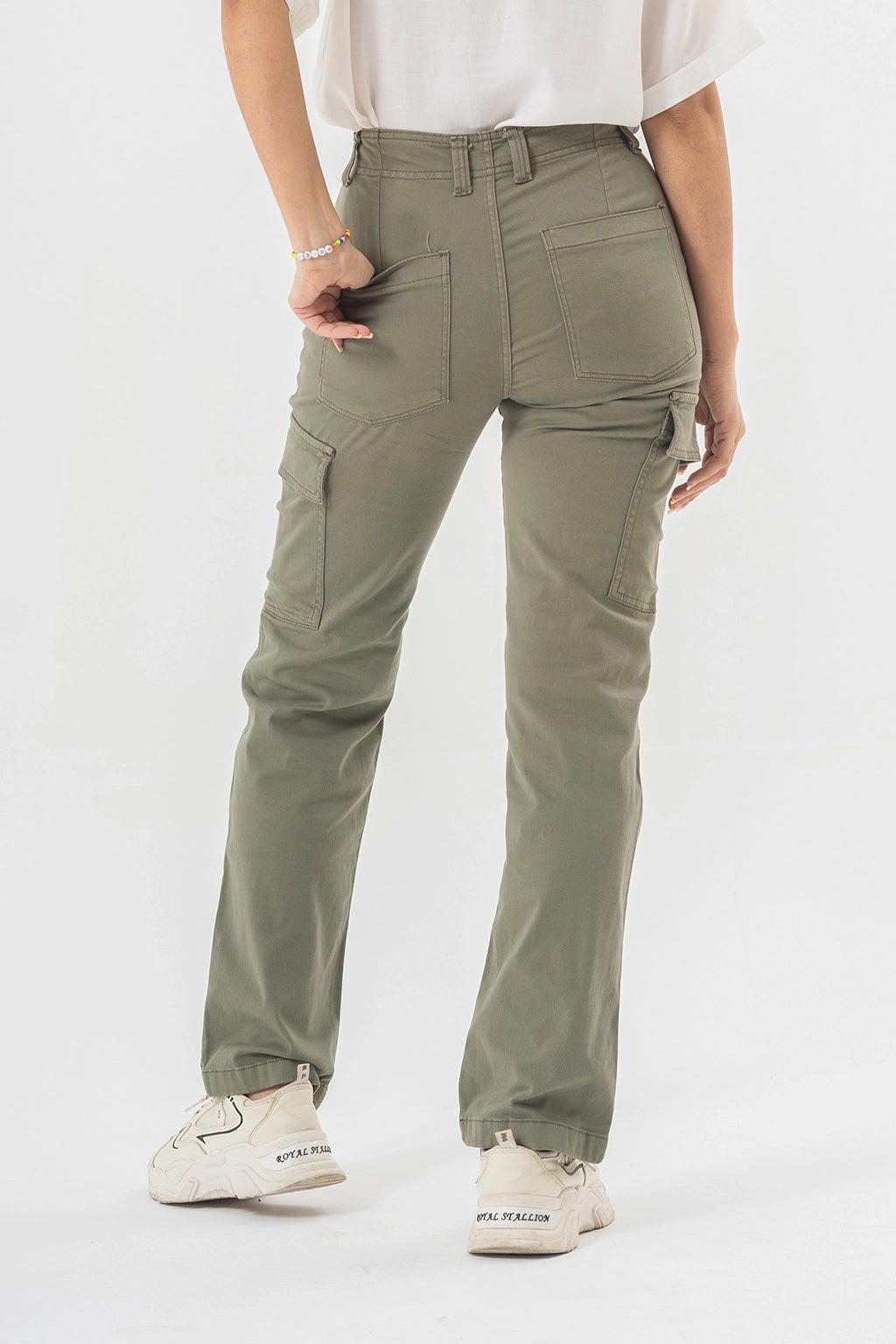 High Waist Olive Green Cargo Pants with Side Flap Pockets – Straight Fit Denim