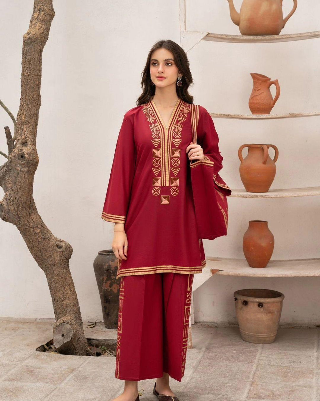 Elegant Women's Stitched Embroidered Linen Shirt and Trouser Set with Handbag