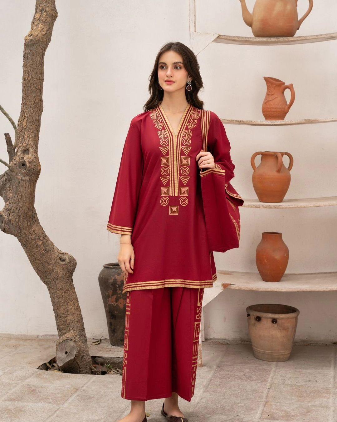 Elegant Women's Stitched Embroidered Linen Shirt and Trouser Set with Handbag