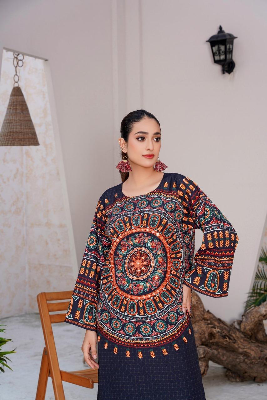 Women's Stitched Printed Shirt and Trouser Set with Mirror Work – 2 Pcs