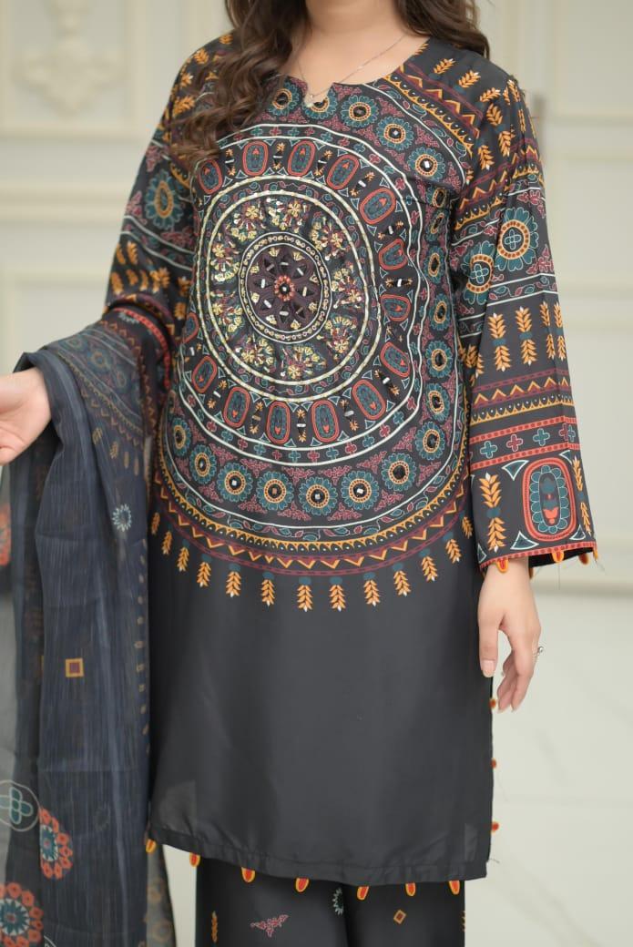 Women's Stitched Printed Shirt and Trouser Set with Mirror Work – 2 Pcs