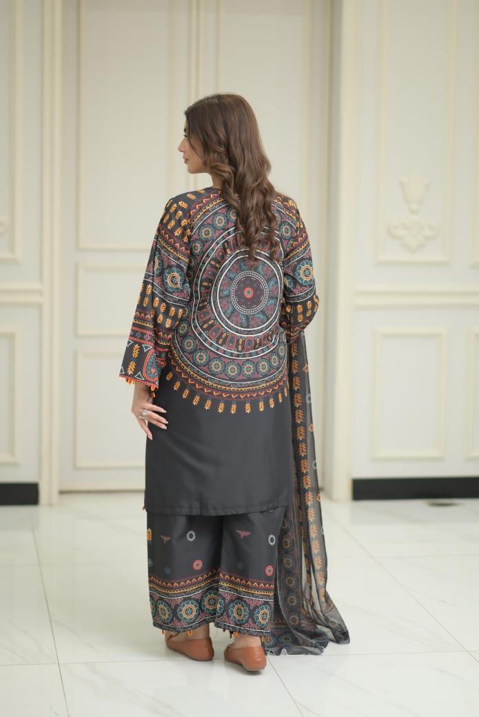 Women's Stitched Printed Shirt and Trouser Set with Mirror Work – 2 Pcs
