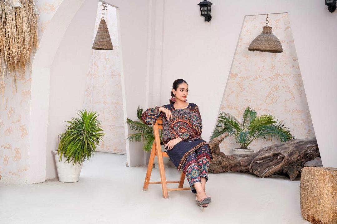 Women's Stitched Printed Shirt and Trouser Set with Mirror Work – 2 Pcs