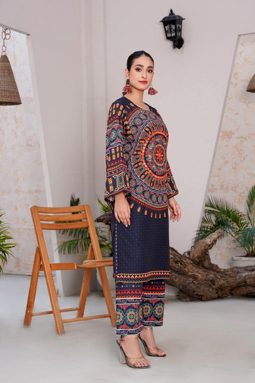 Women's Stitched Printed Shirt and Trouser Set with Mirror Work – 2 Pcs