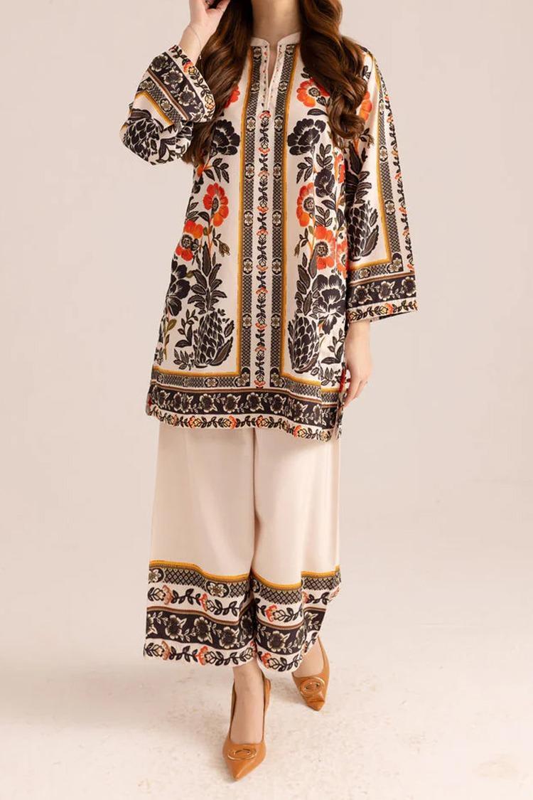 Stylish Women's 2 Pcs Printed V-Neck Shirt & Plain Trouser Set