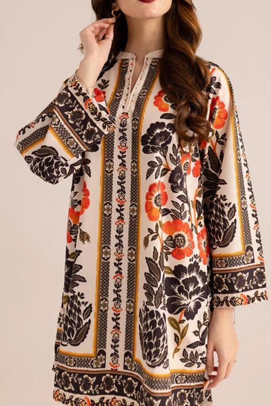Stylish Women's 2 Pcs Printed V-Neck Shirt & Plain Trouser Set