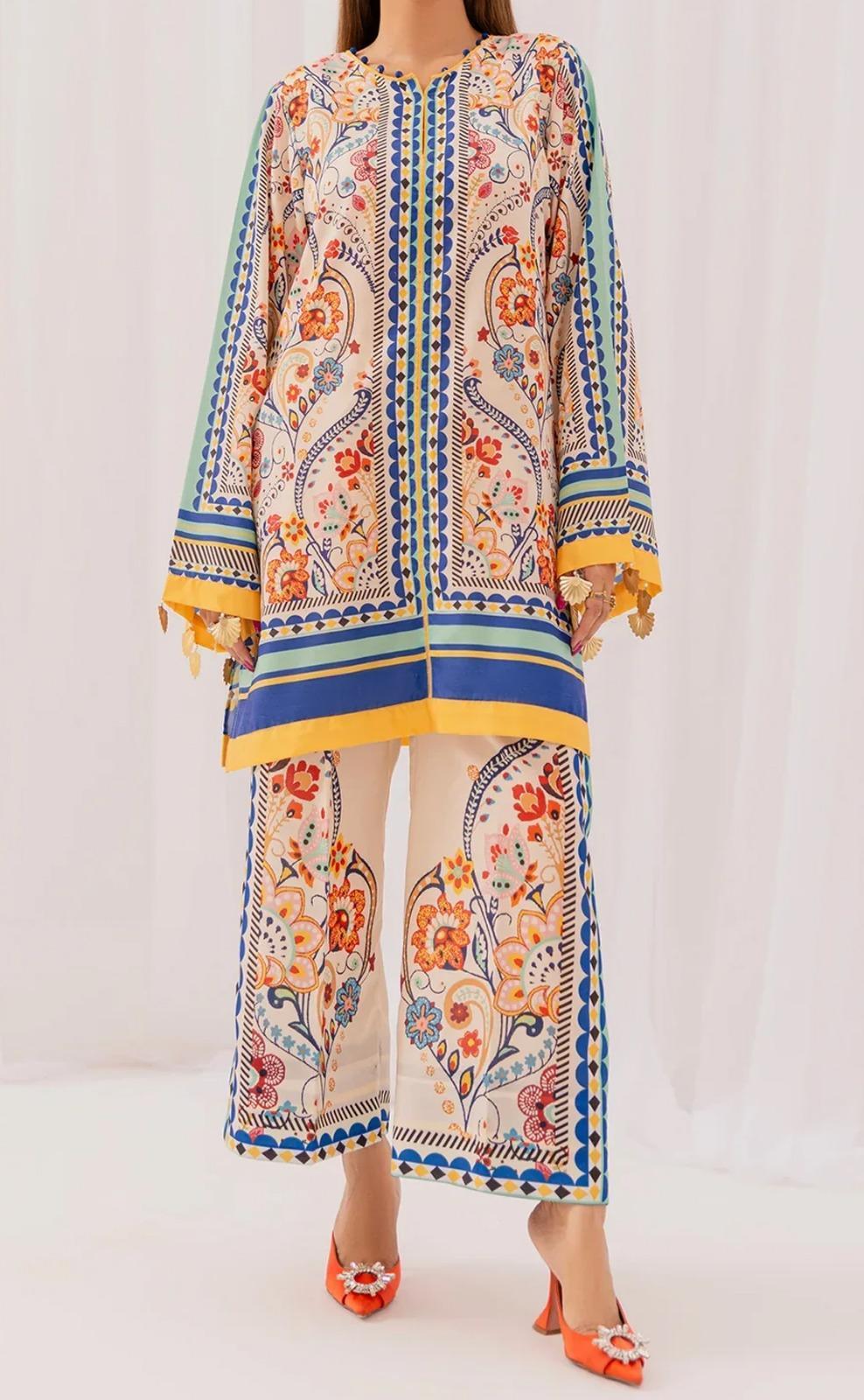 Stylish 2 Pcs Women's Stitched V-Neck Printed Shirt & Plain Trouser Set