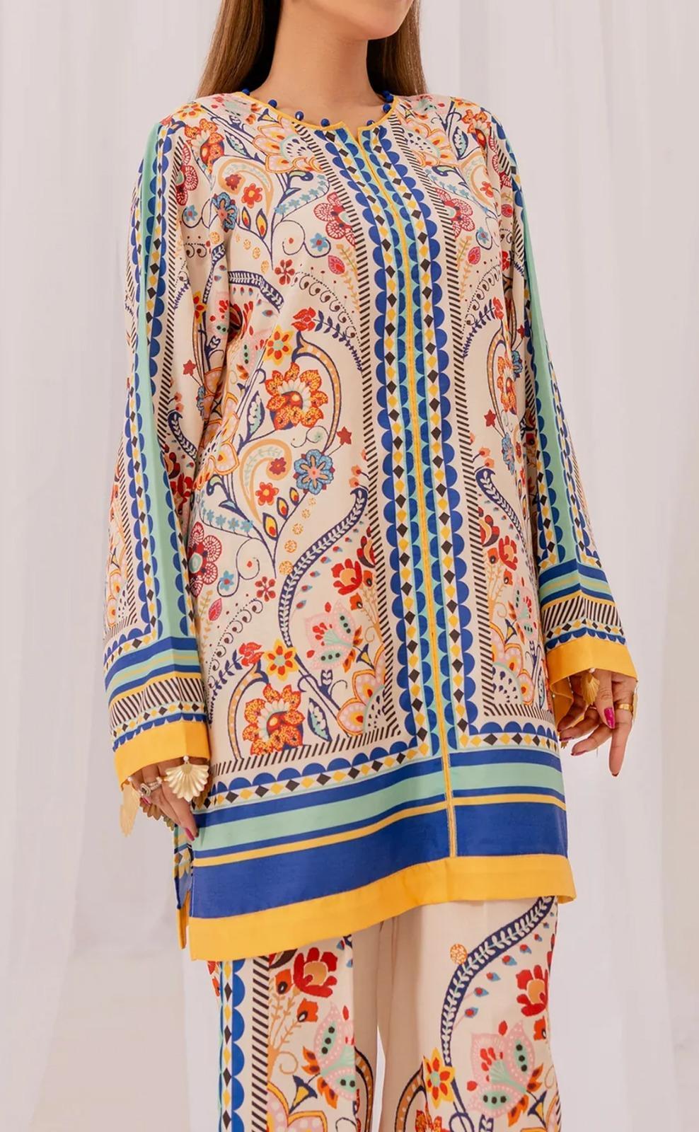 Stylish 2 Pcs Women's Stitched V-Neck Printed Shirt & Plain Trouser Set