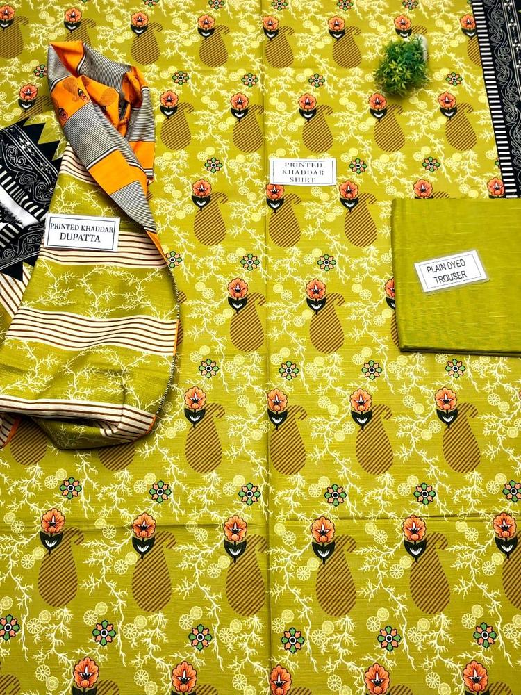 3 Pcs Women's Unstitched Khaddar Printed Suit