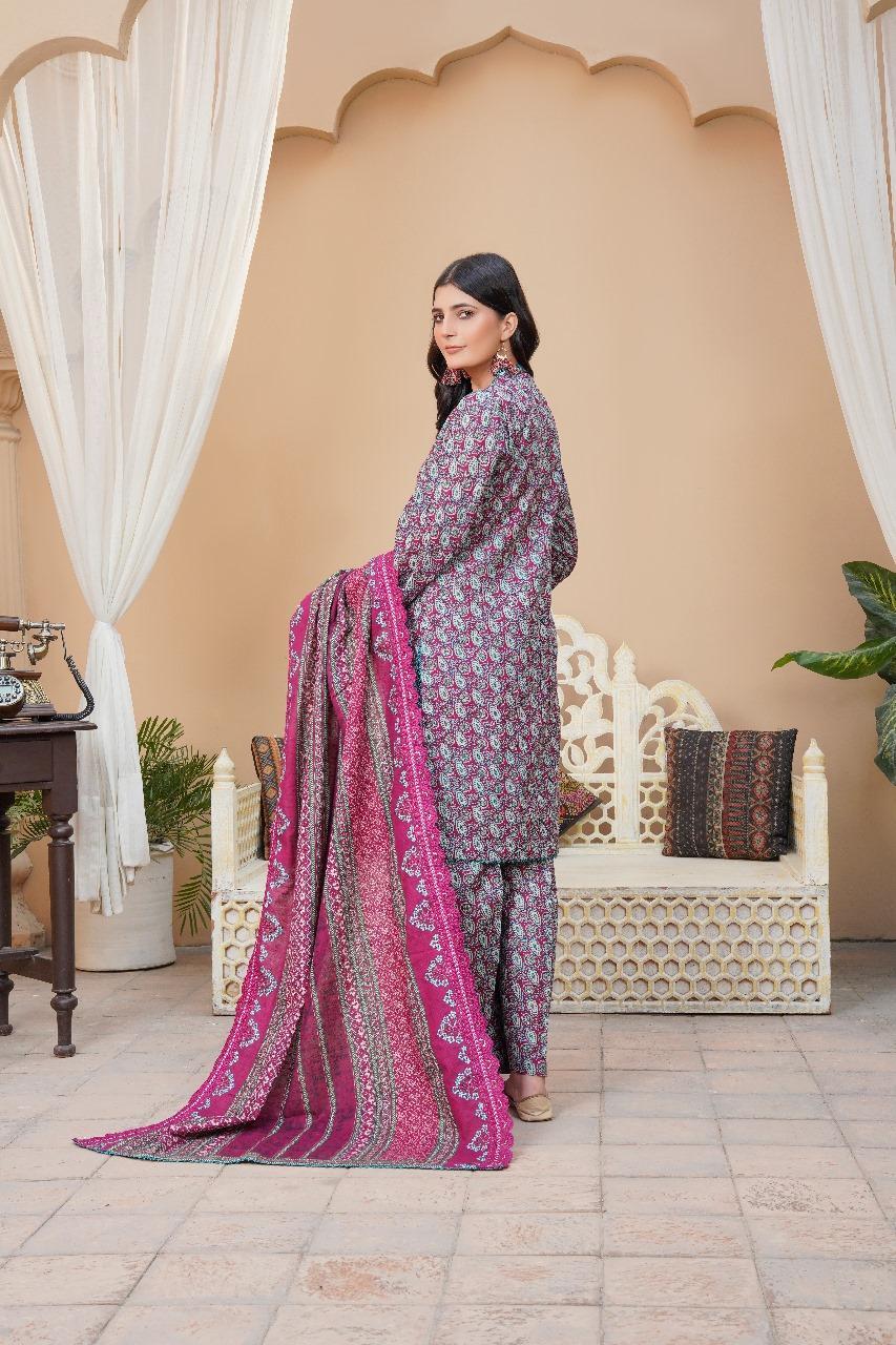 3 Pcs Women's Unstitched Purple Khaddar Suit