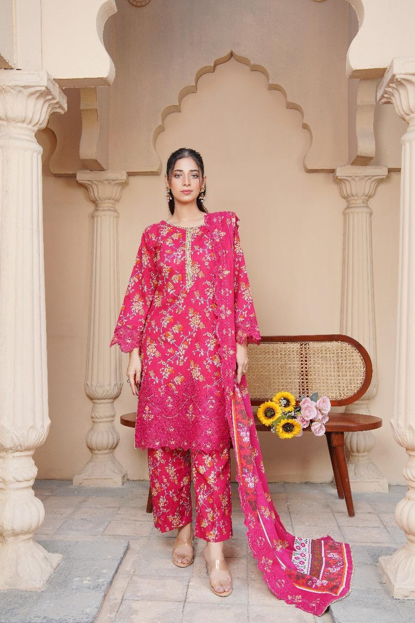 3 Pcs Women's Unstitched Pink Khaddar Suit