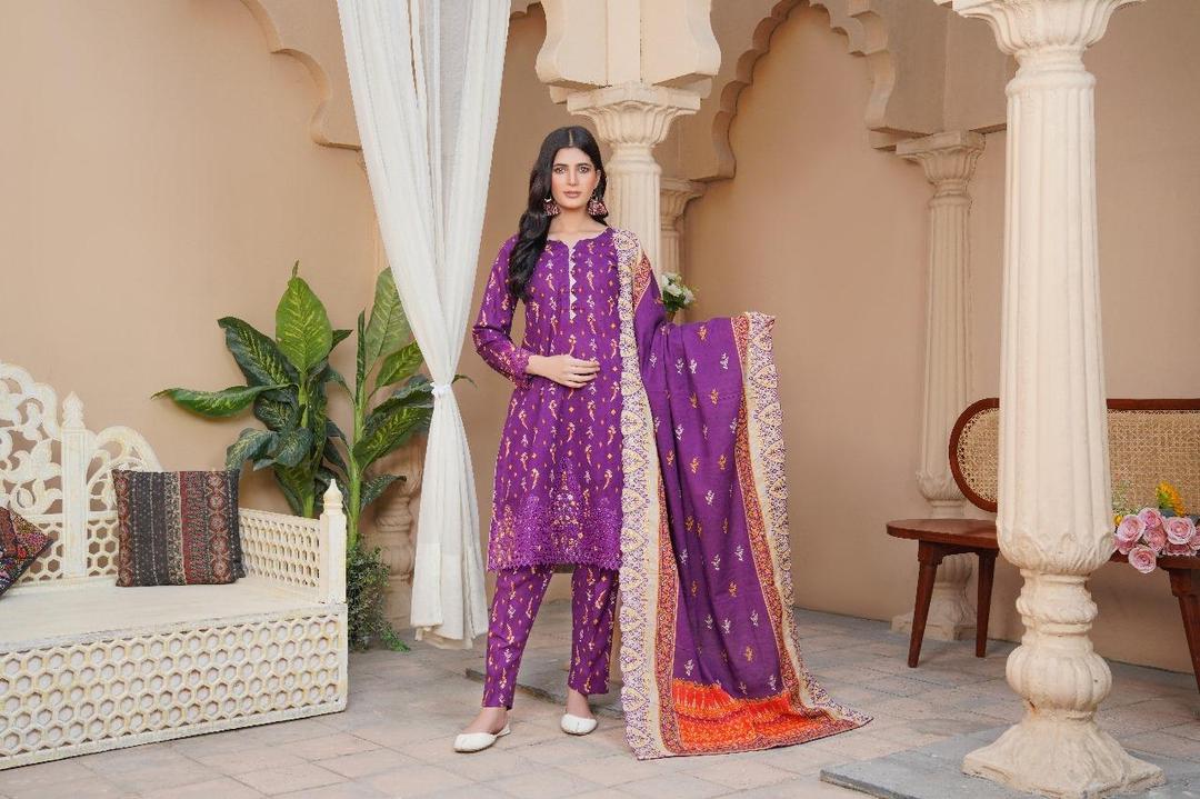 3 Pcs Women's Unstitched Purple Khaddar Suit