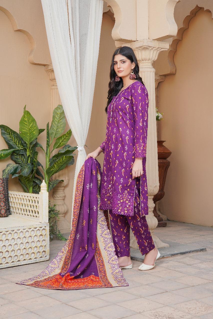 3 Pcs Women's Unstitched Purple Khaddar Suit