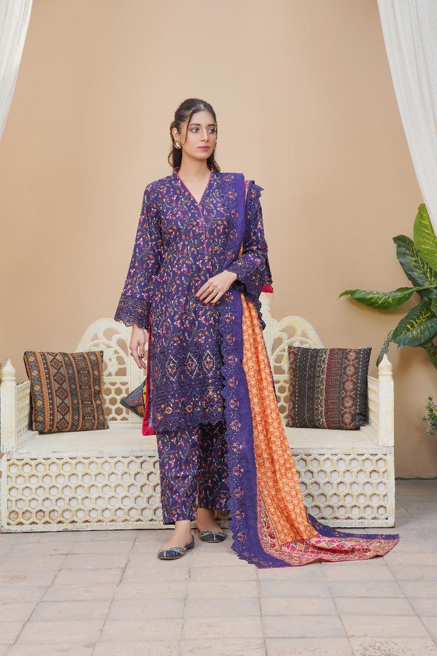 3 Pcs Women's Unstitched Blue Khaddar Suit