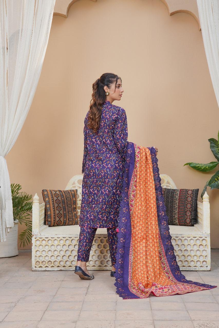 3 Pcs Women's Unstitched Blue Khaddar Suit