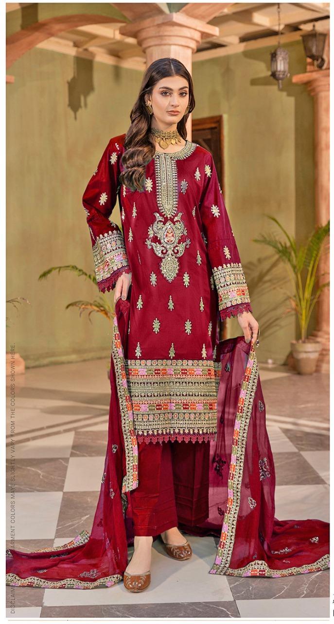 3 Pcs Women's Unstitched Maroon Viscose Suit