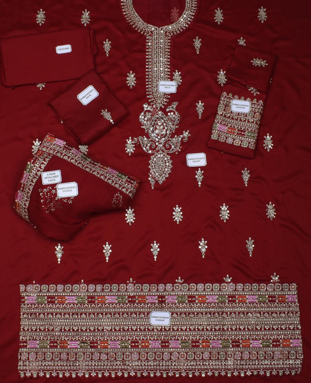3 Pcs Women's Unstitched Maroon Viscose Suit