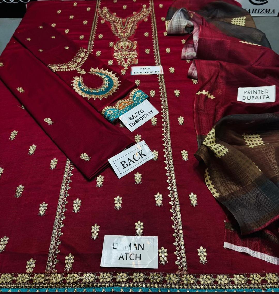 3 Pcs Women's Unstitched Maroon Lawn Suit