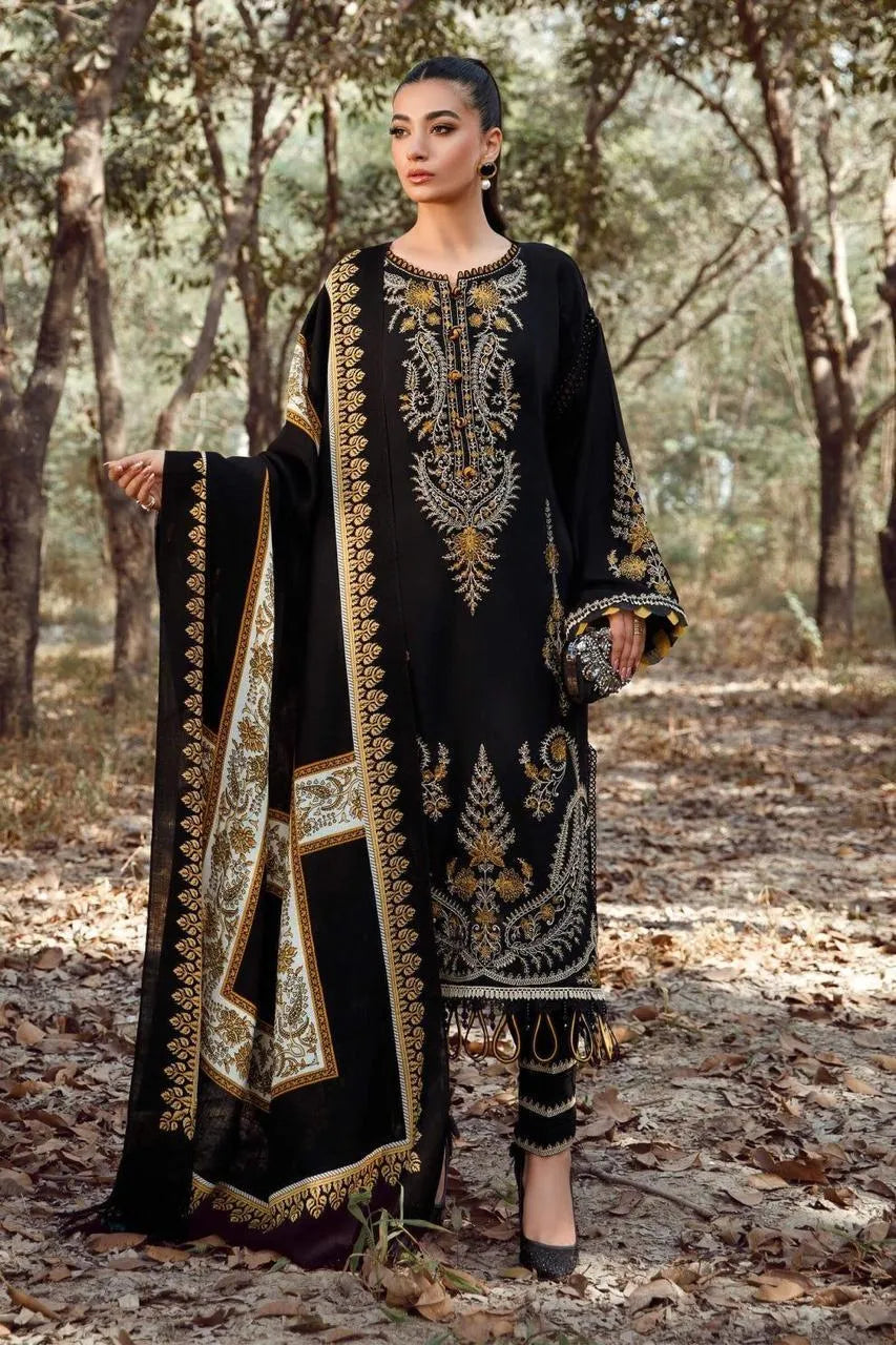 3 Pcs Women's Unstitched Black Dhanak Suit