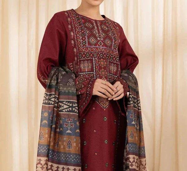 3 Pcs Women's Unstitched Dhanak Embroidered Suit with Wool Dupatta