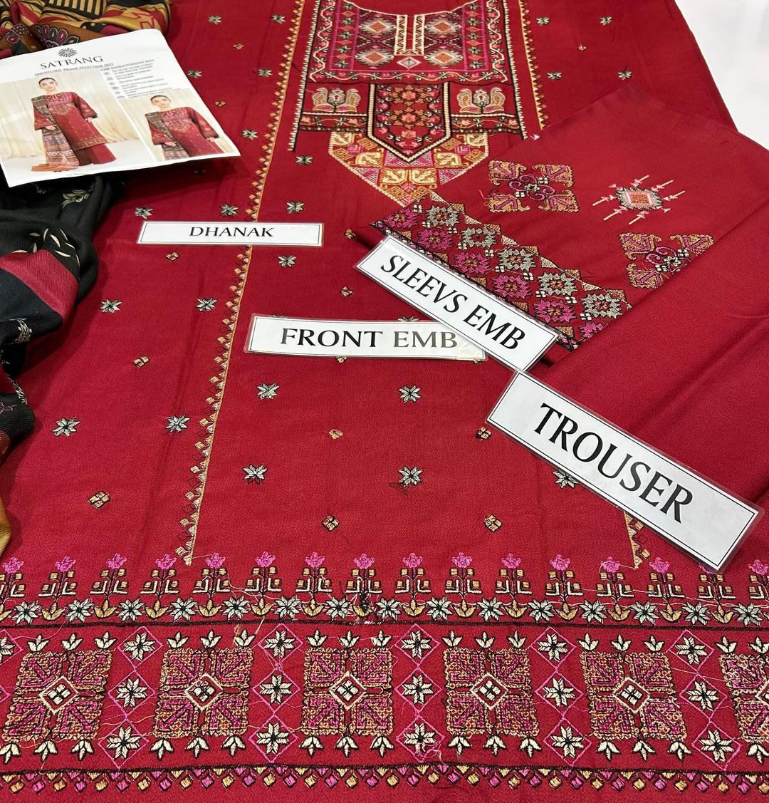 3 Pcs Women's Unstitched Dhanak Embroidered Suit with Wool Dupatta