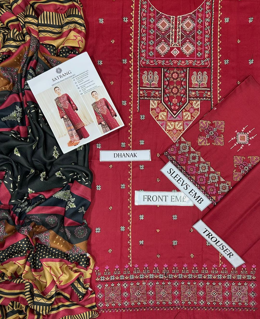 3 Pcs Women's Unstitched Dhanak Embroidered Suit with Wool Dupatta