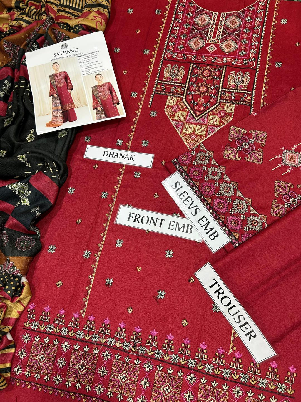 3 Pcs Women's Unstitched Dhanak Embroidered Suit with Wool Dupatta