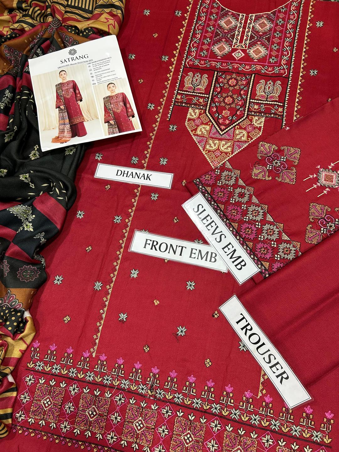 3 Pcs Women's Unstitched Dhanak Embroidered Suit with Wool Dupatta