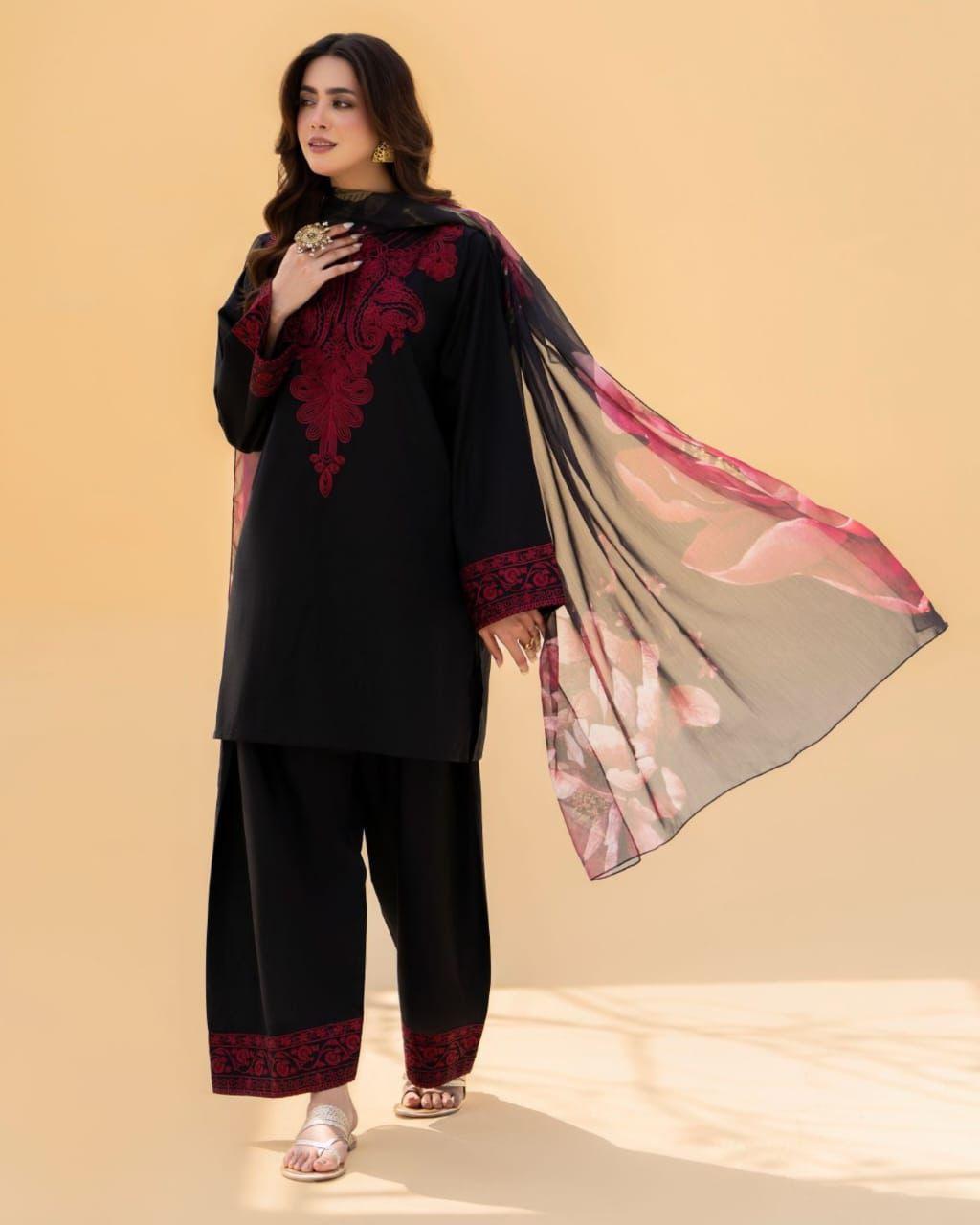 3 Pcs Women's Unstitched Dhanak Embroidered Suit