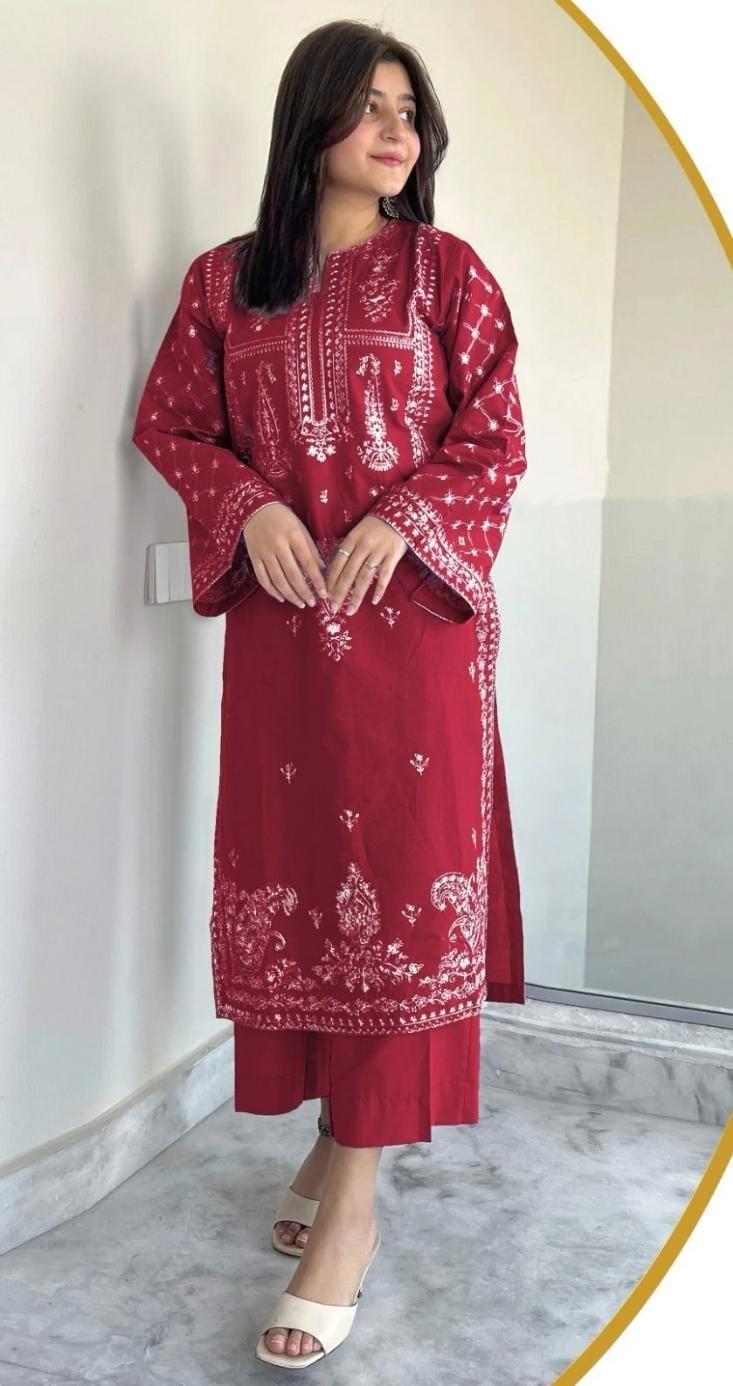 2 Pcs Women's Unstitched Embroidered Lawn Suit