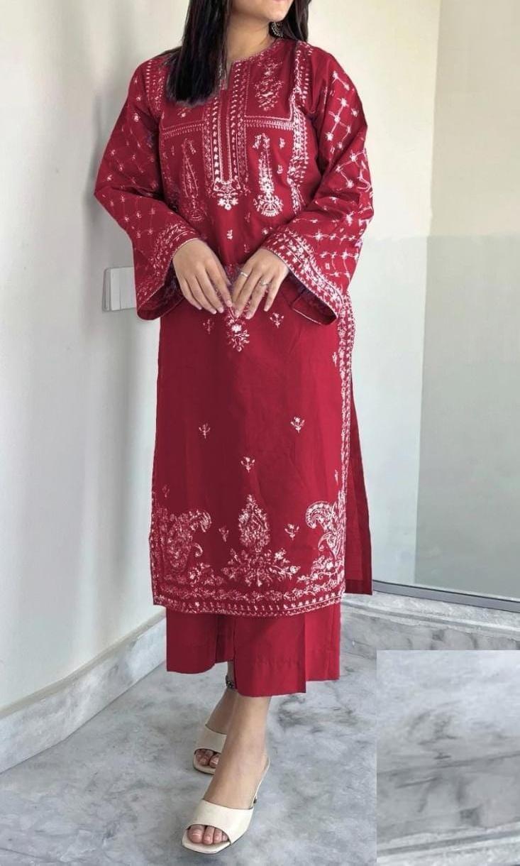 2 Pcs Women's Unstitched Embroidered Lawn Suit