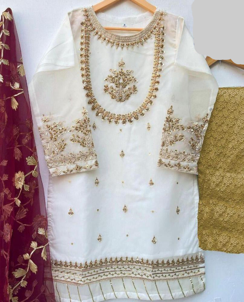 3 Pcs Women's Stitched Organza Embroidered Suit