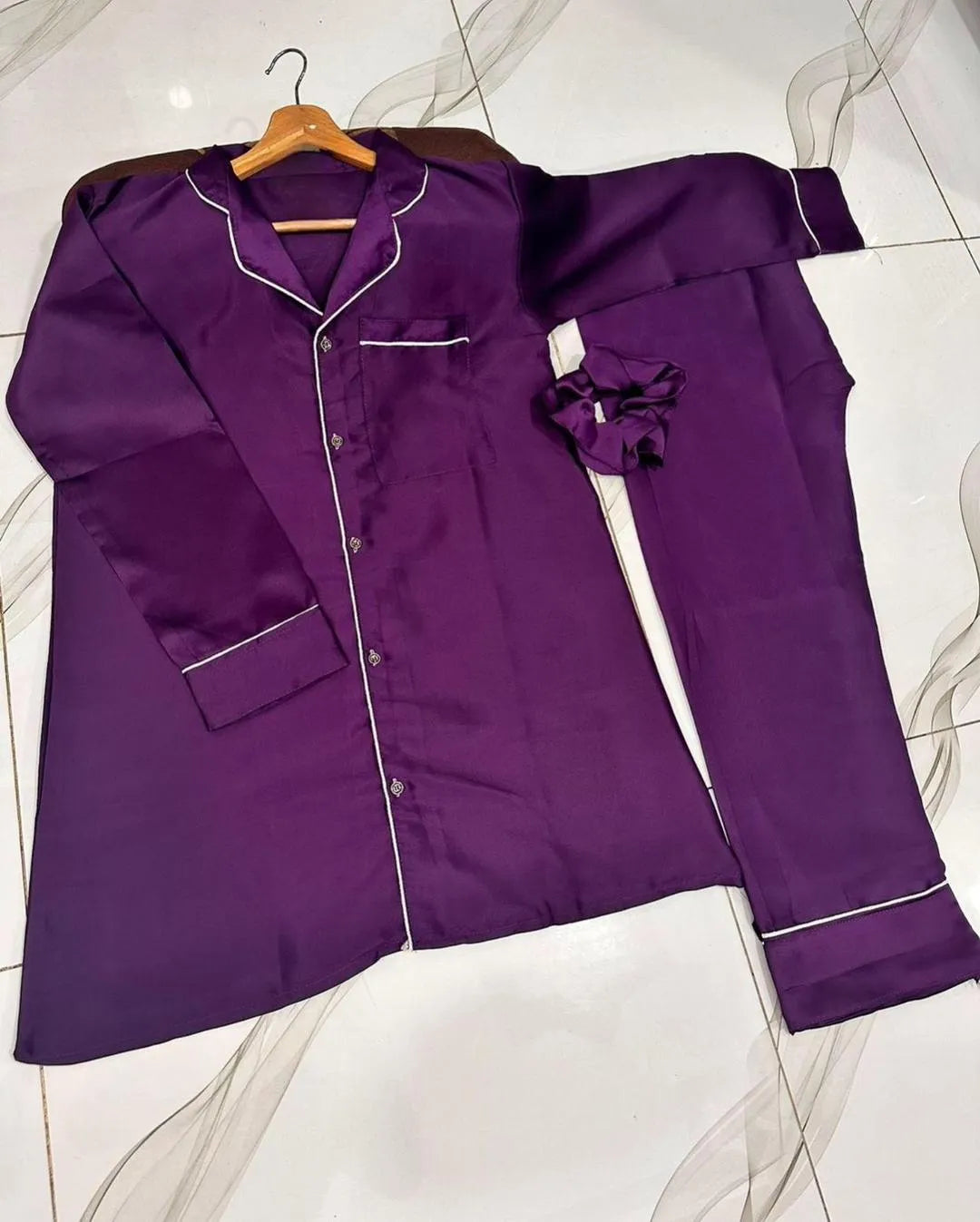 3 Pcs Women's Stitched Silk Plain Night Suit