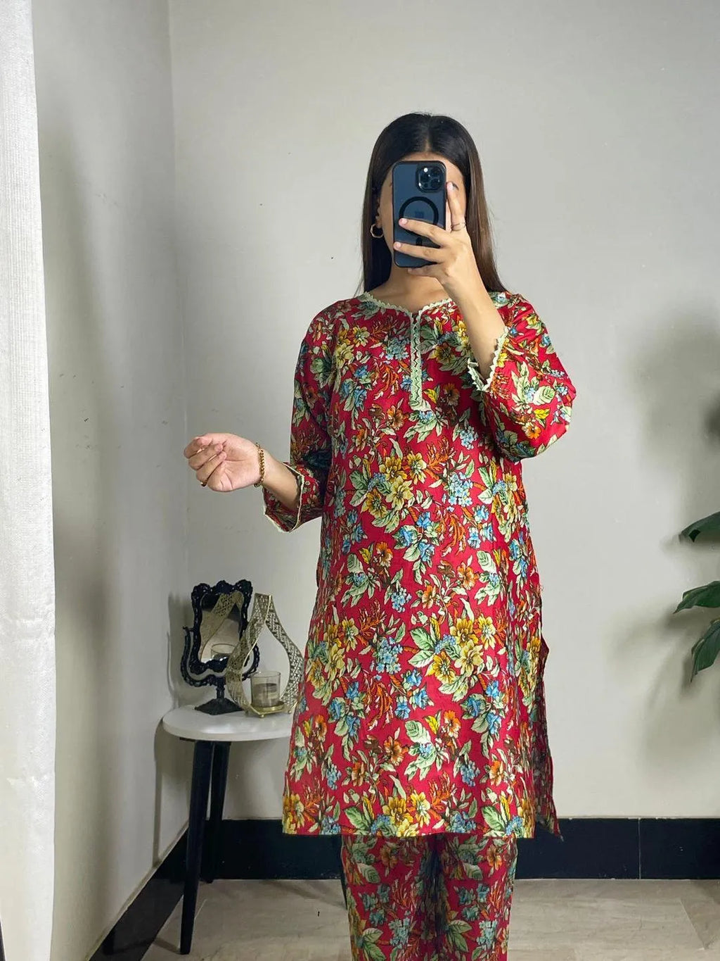 2 Pcs Women's Stitched Lawn Printed Shirt and Trouser Set