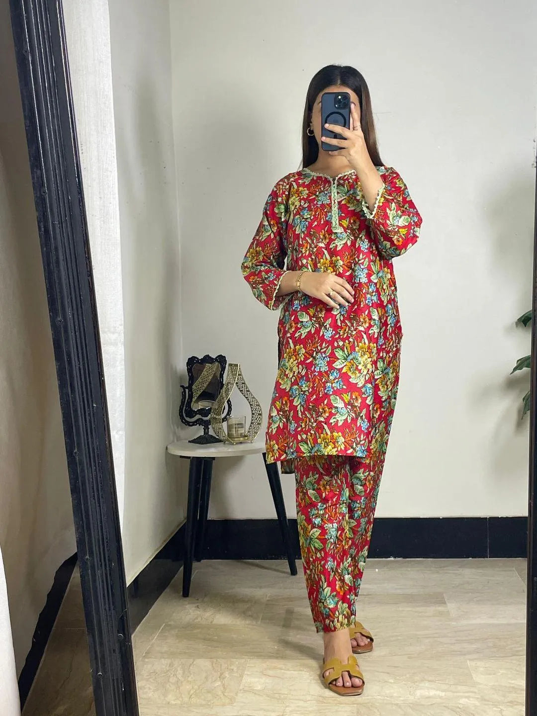 2 Pcs Women's Stitched Lawn Printed Shirt and Trouser Set