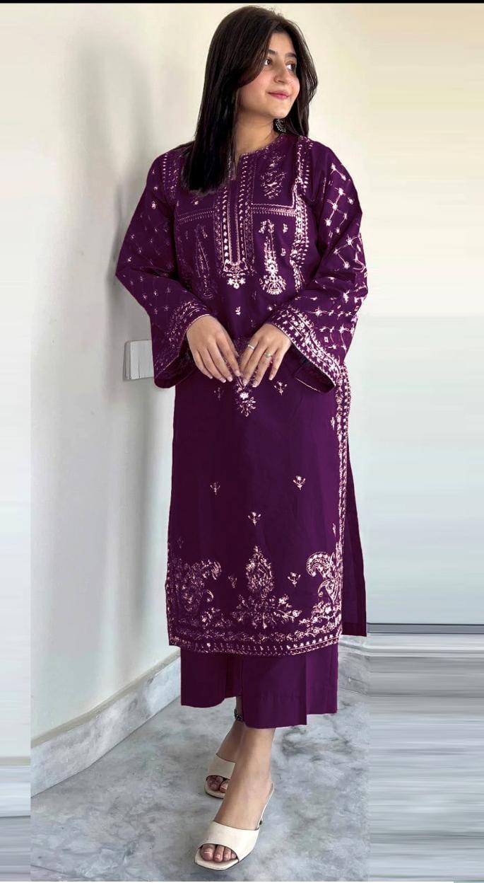 2 Pcs Women's Unstitched Embroidered Lawn Suit
