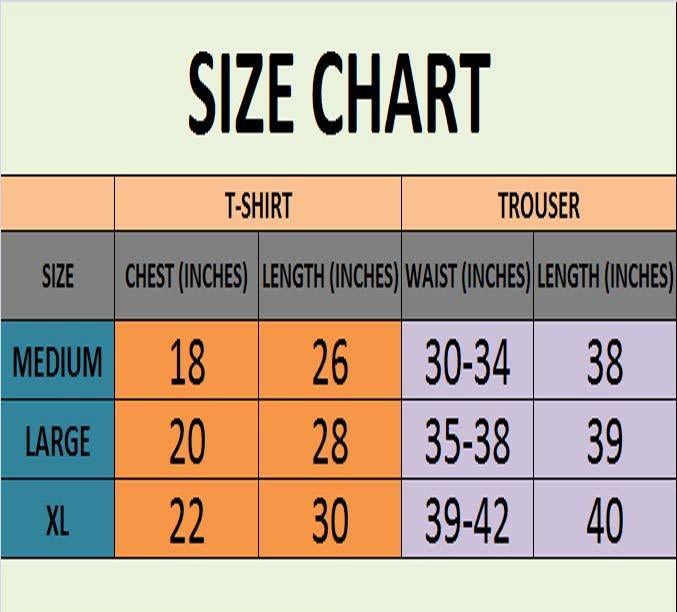 Size chart for T-shirt and Trouser with measurements in inches