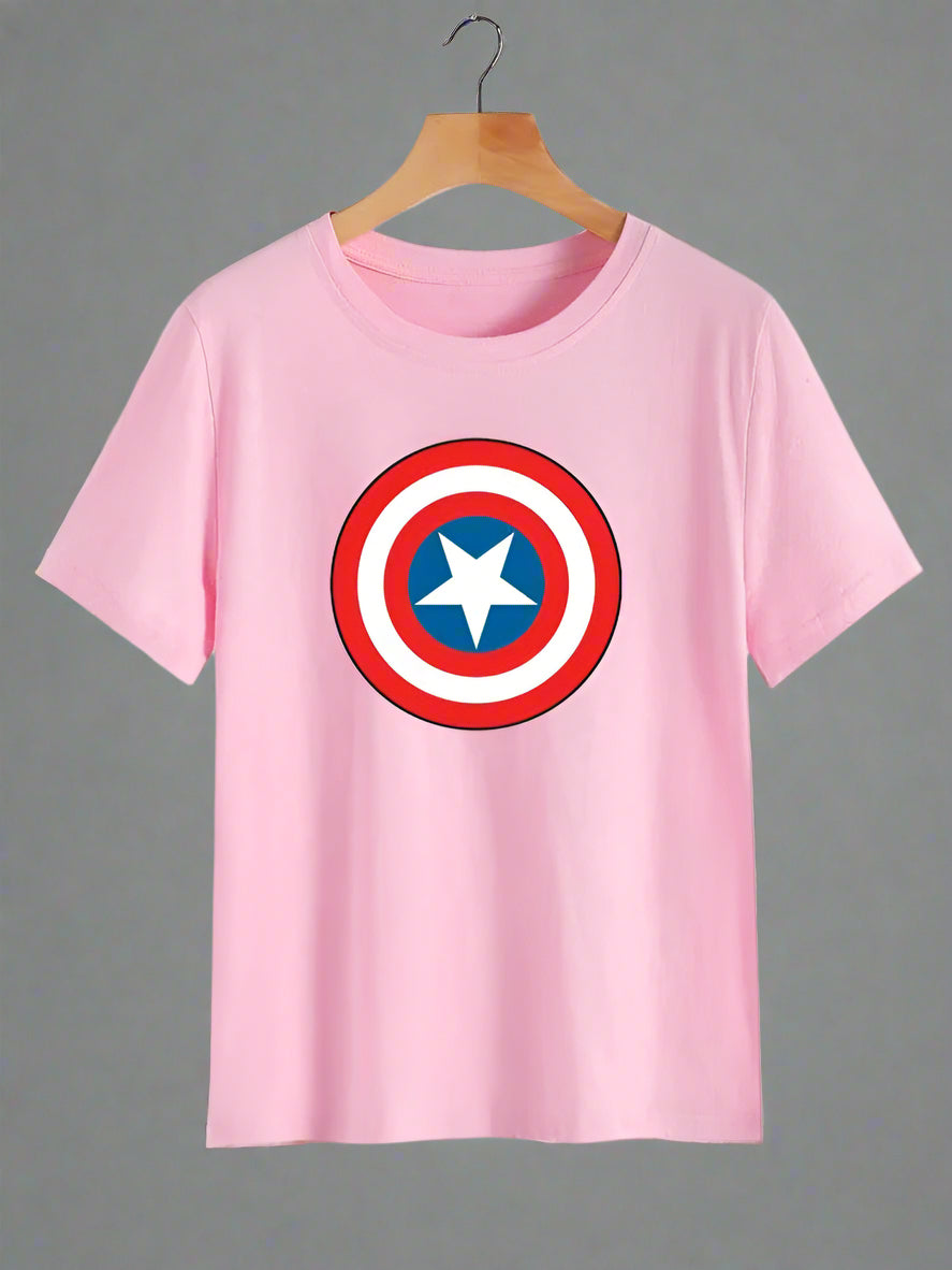 Pink t-shirt with Captain America logo on a hanger