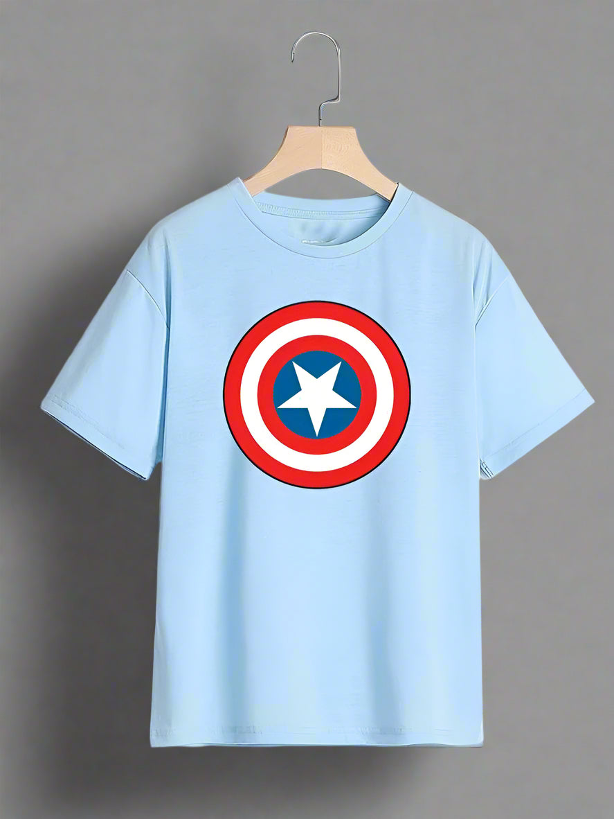 Light blue t-shirt with Captain America shield logo on a hanger against a light gray background.