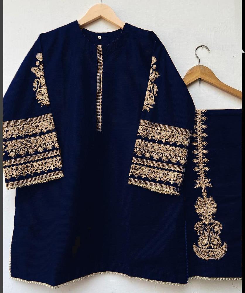 2 Pcs Women's Stitched Katan Silk Embroidered Suit – Round Neck