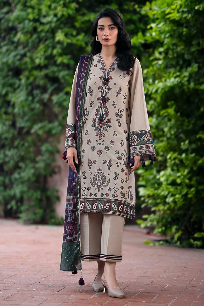 3 Pcs Women's Unstitched Grey Embroidered Suit
