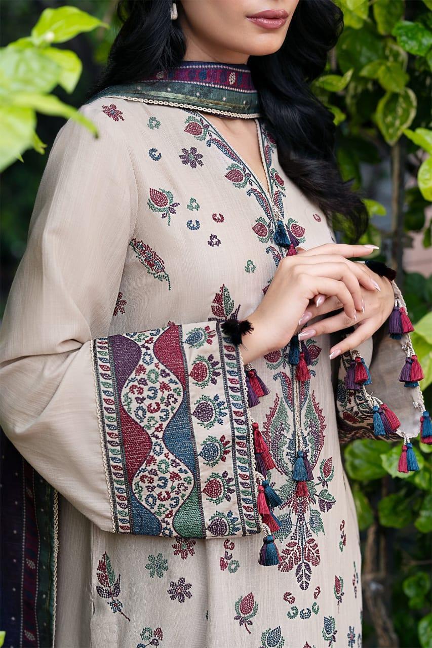 3 Pcs Women's Unstitched Grey Embroidered Suit
