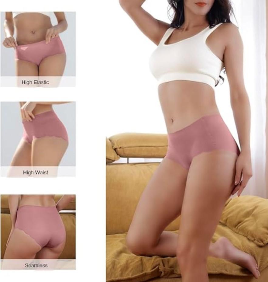 Woman wearing pink underwear with text labels on a neutral background