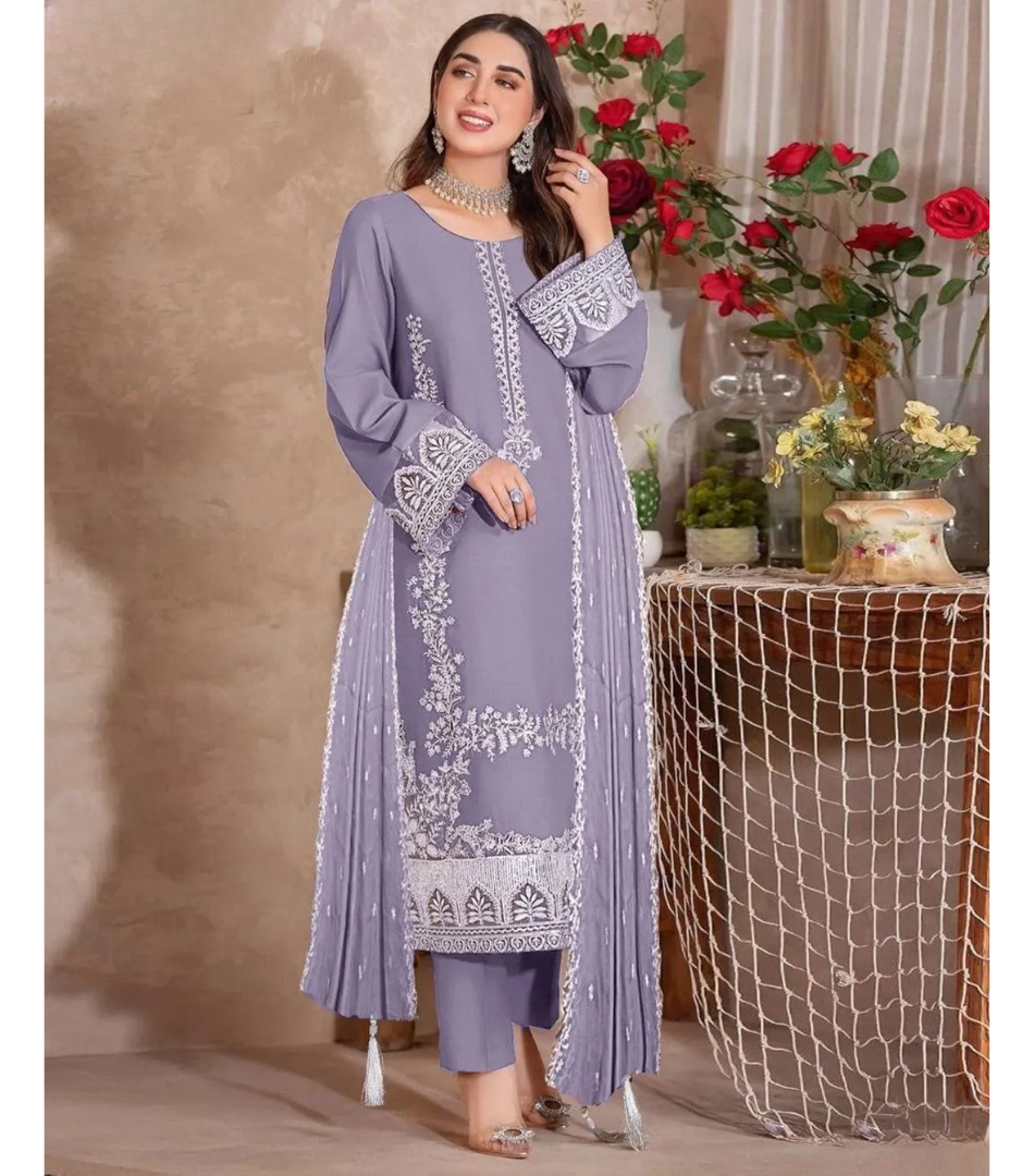 3 Pcs Women's Unstitched Purple Embroidered Suit