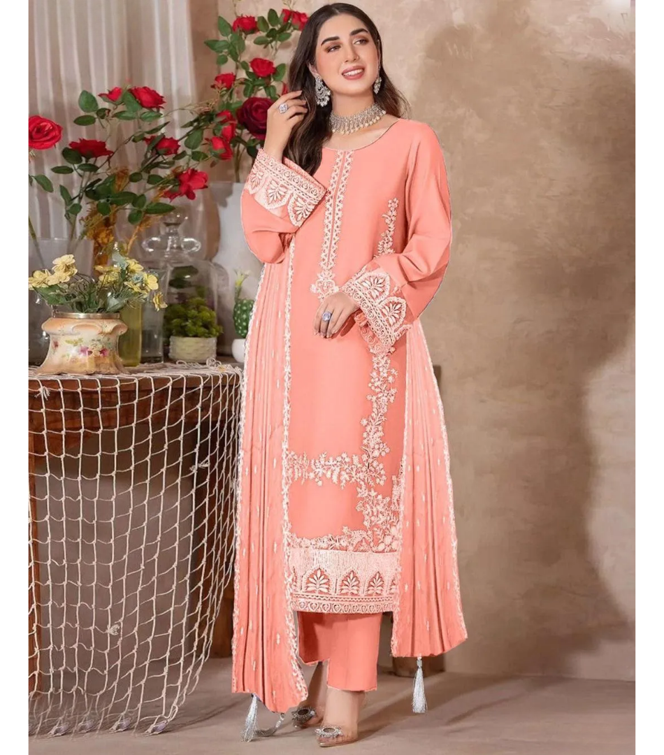 3 Pcs Women's Unstitched Peach Embroidered Suit