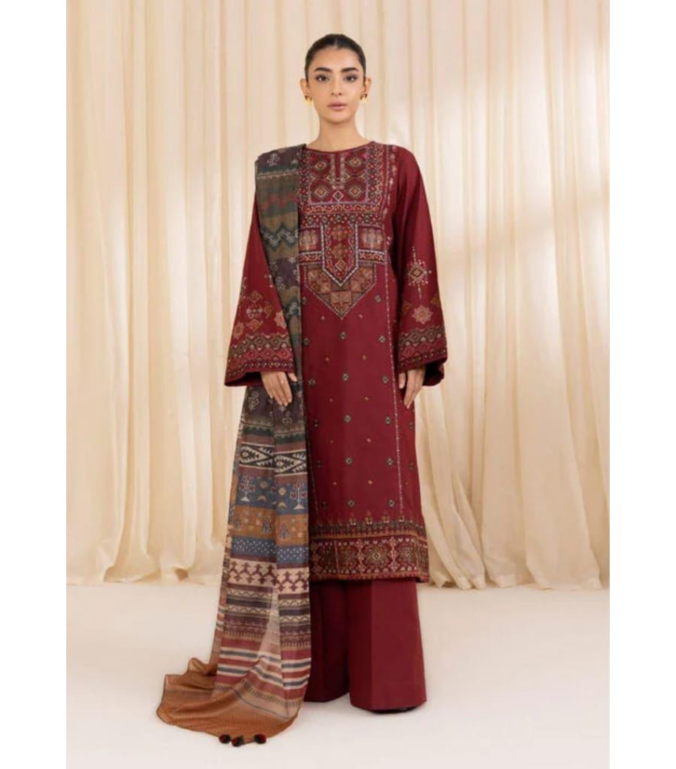 3 Pcs Women's Unstitched Dhanak Embroidered Suit with Wool Dupatta