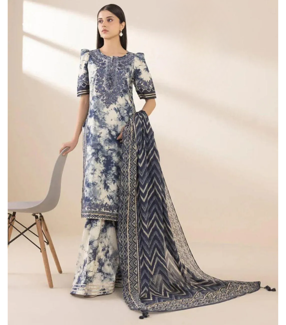 3 Pcs Women's Stitched Arabic Lawn Printed Suit