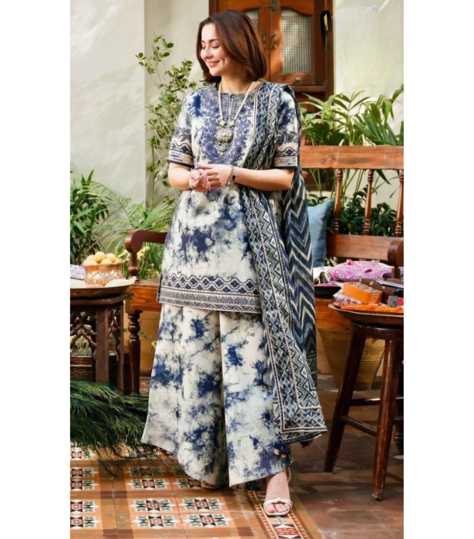 3 Pcs Women's Stitched Arabic Lawn Printed Suit